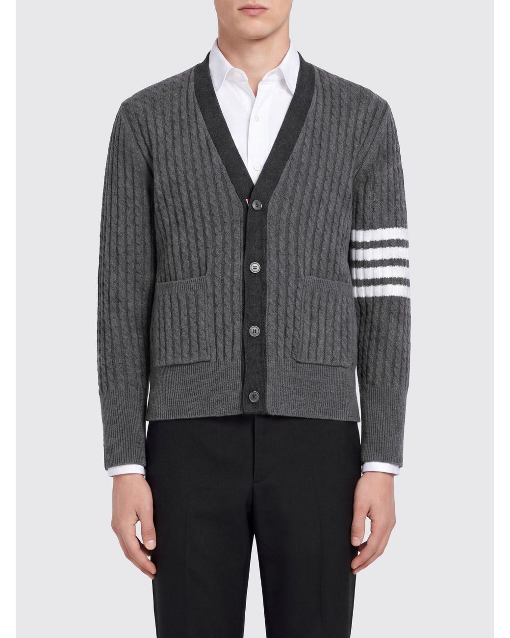 Thom Browne Gray 4-Bar V-Neck Virgin Wool Cardigan for men