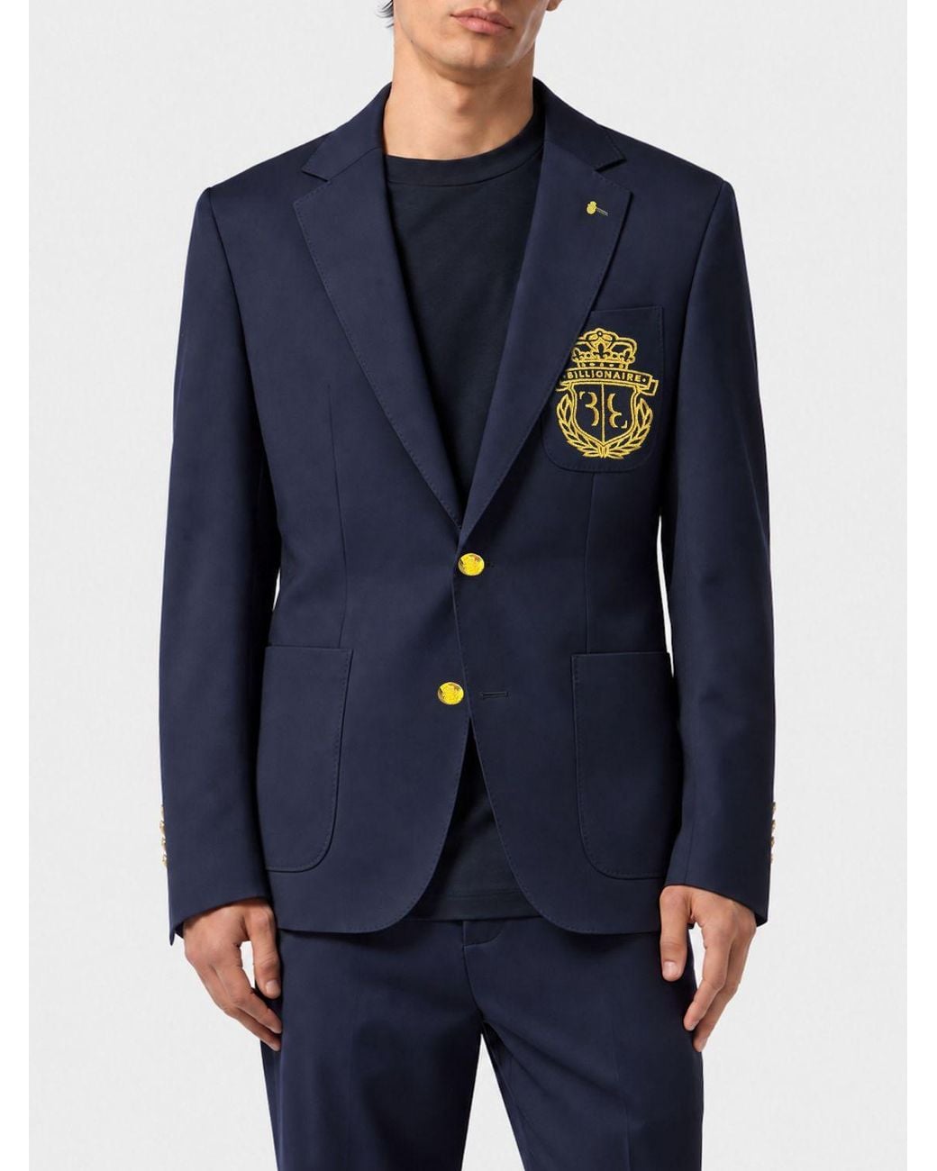 Billionaire Blue Single-Breasted Blazer With Lapels And Embroidered Crest for men