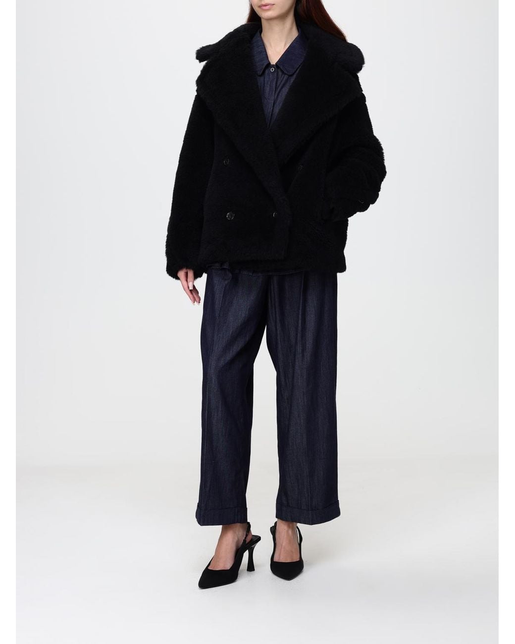 Max Mara Black Short Double-Breasted Faux-Fur Effect Coat