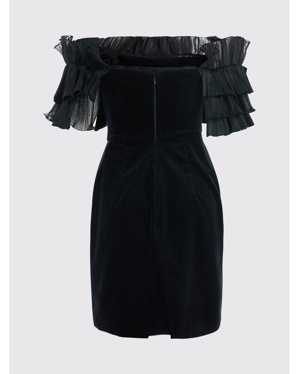 Elisabetta Franchi Black Off-The-Shoulder Embroidered Velvet Midi Sheath Dress