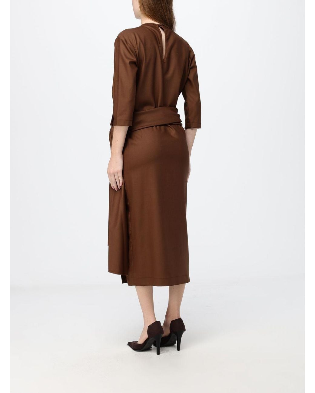 Crida Milano Brown Gertrude Wool Midi Sheath Dress With Long Sleeves And Waist Belt