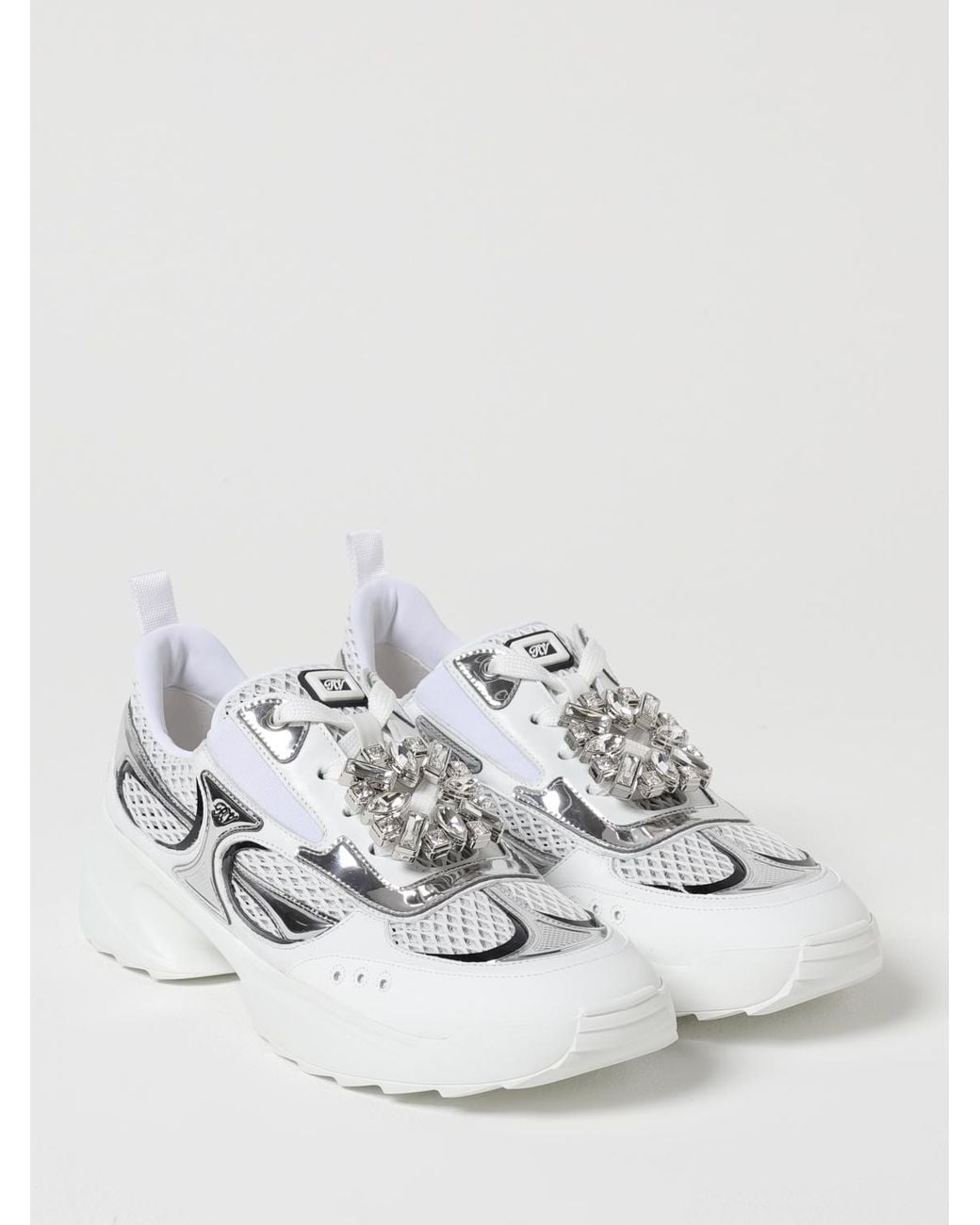 Roger Vivier White Leather And Mesh Sneakers With Jewel Buckle