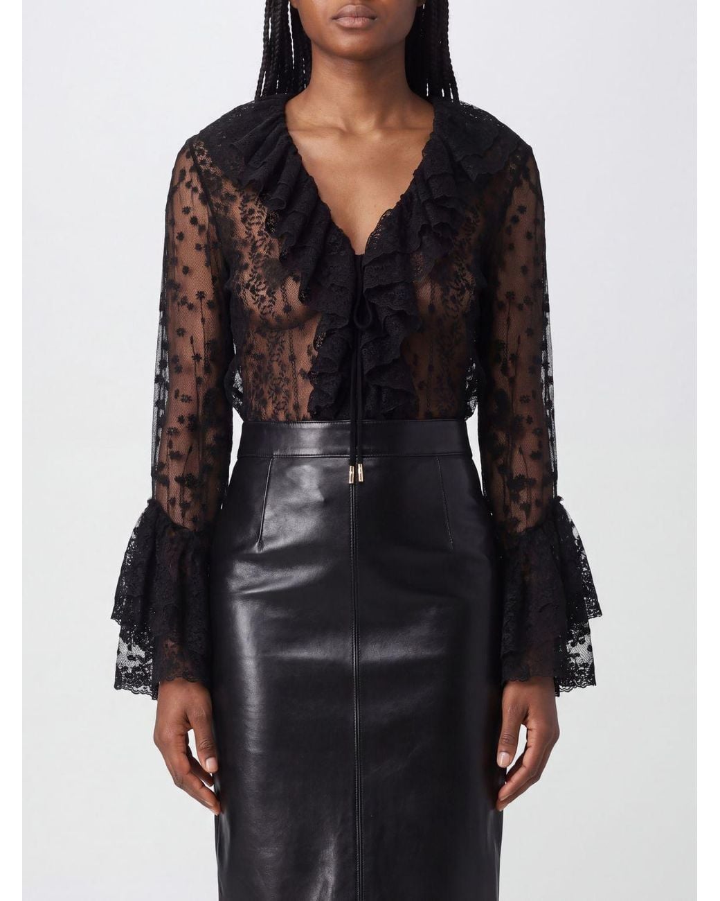 Alberta Ferretti Black Lace Blouse With V-Neck And Ruffle Details