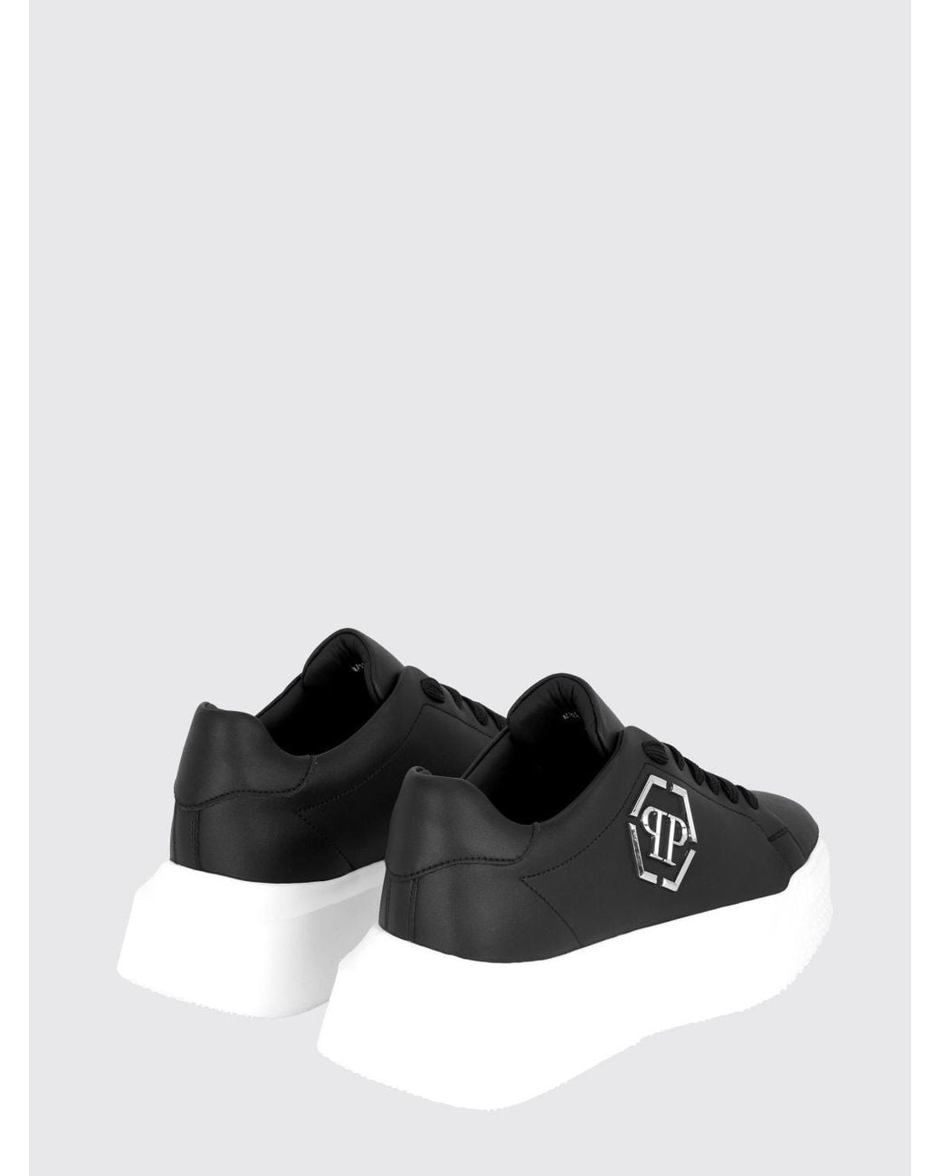 Philipp Plein Black Low-Top Leather Sneakers With Hexagon Logo And Platform Sole for men