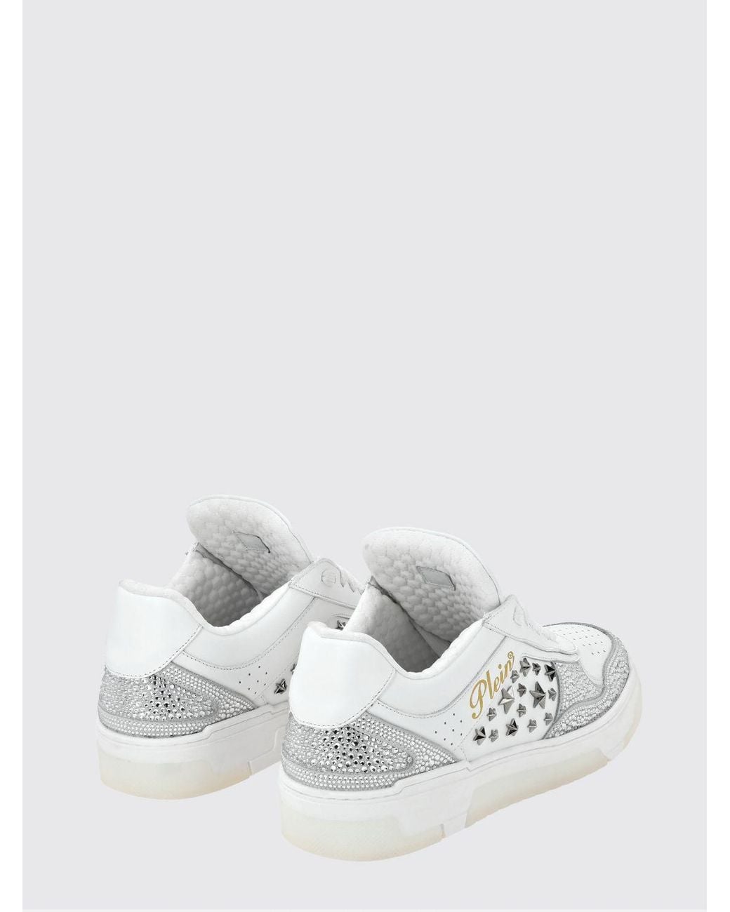 Philipp Plein White Low-Top Leather And Suede Sneakers With Studs And Rhinestones for men