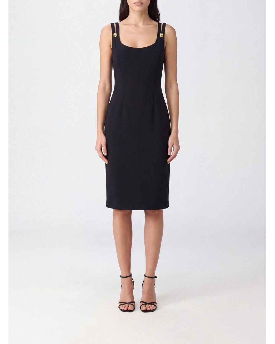 Versace Black Virgin Wool Cut-Out Midi Sheath Dress With Square Neckline