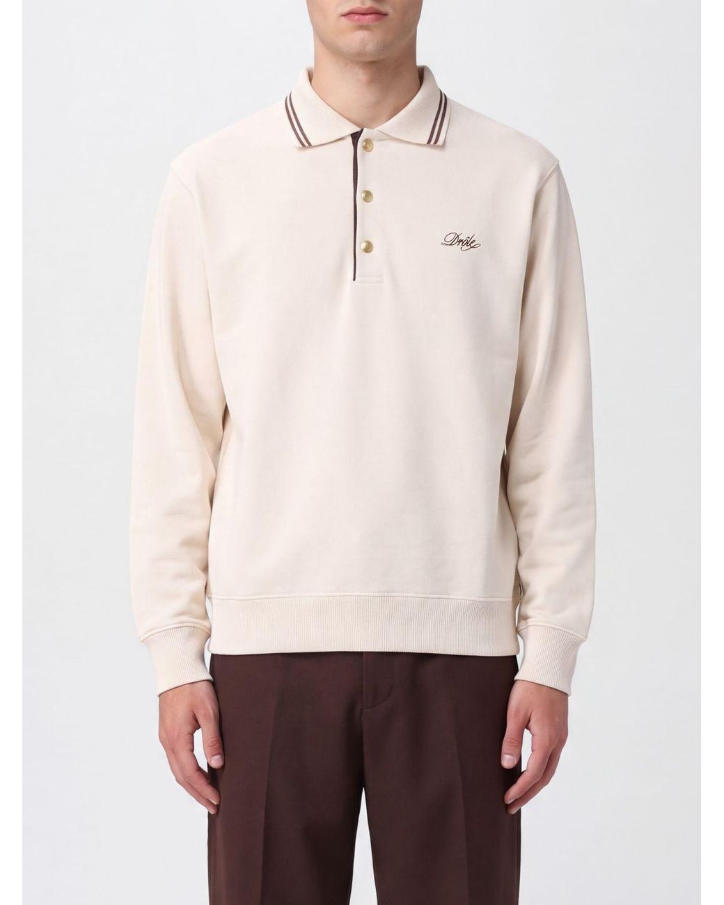 Drole de Monsieur White Long-Sleeved Cotton Polo Shirt With Contrast Trims for men