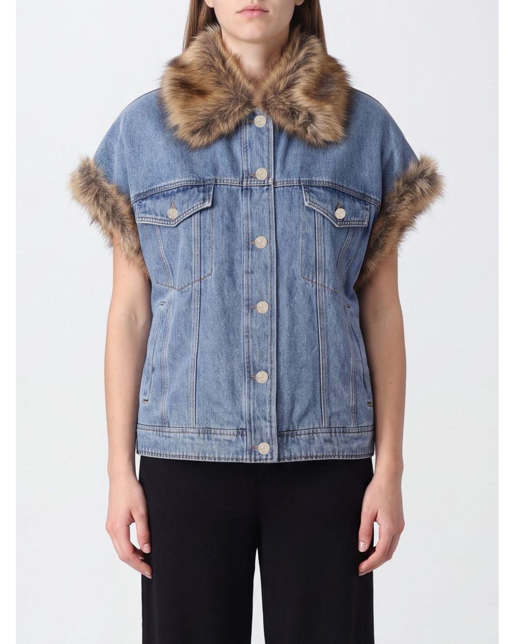 Liu Jo Blue Single-Breasted Waistcoat With Faux Fur Collar And Patch Pockets
