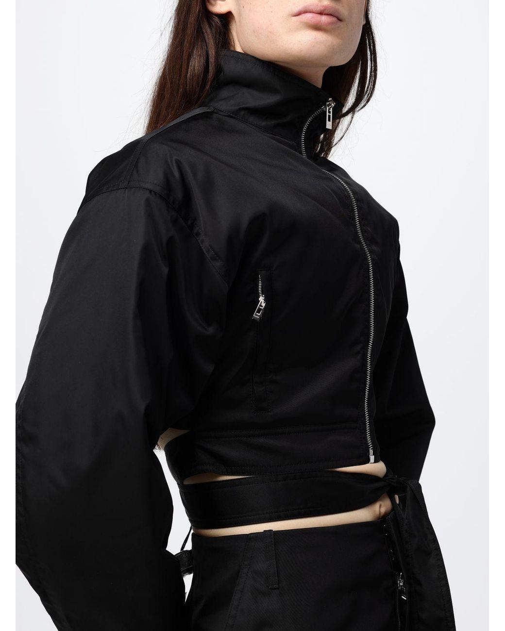 Alaïa Black Cropped Technical Taffeta Bomber Jacket With High Neck And Waist Belt