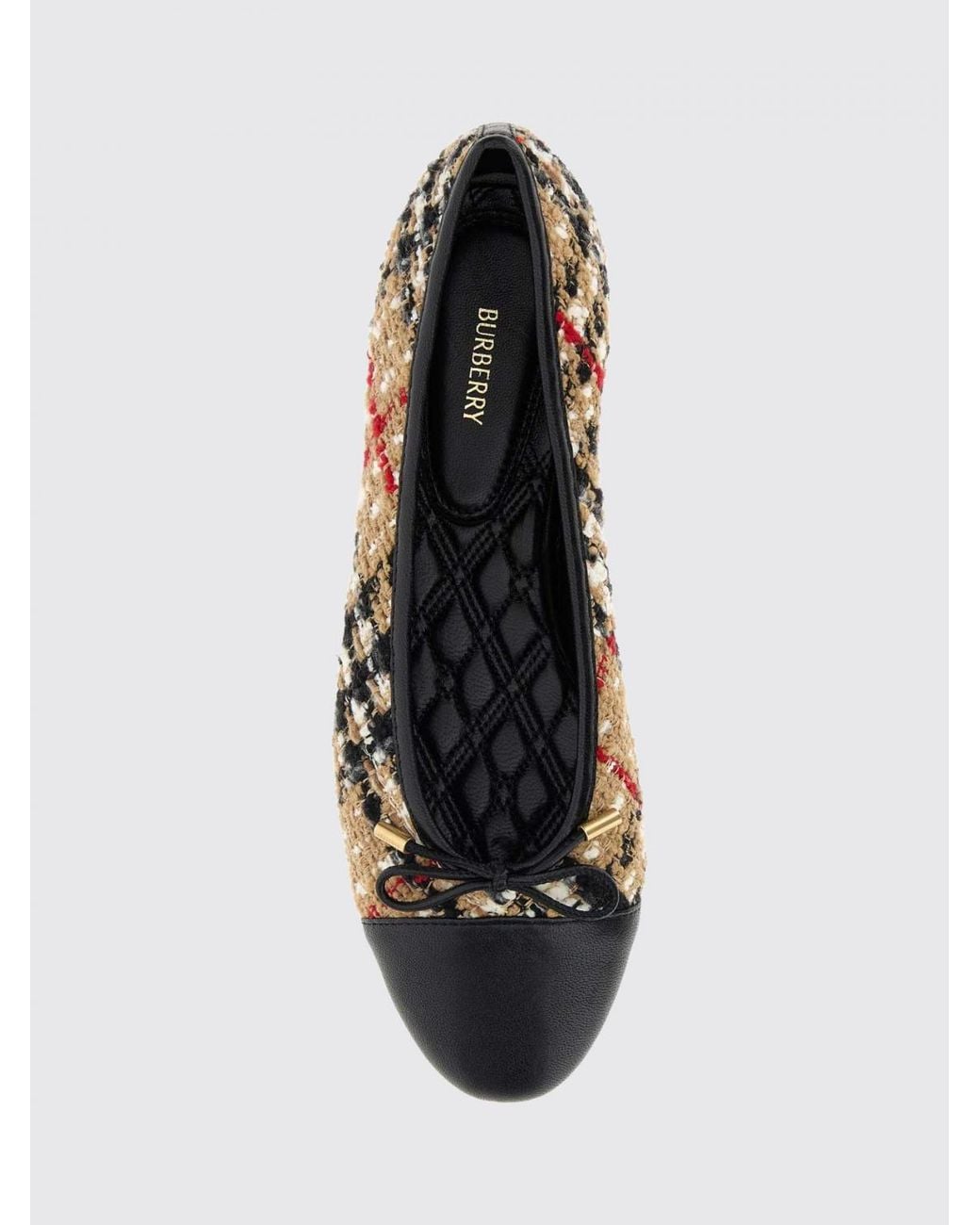 Burberry White Round-Toe Vintage Check Tweed Ballet Flats With Bow Detail