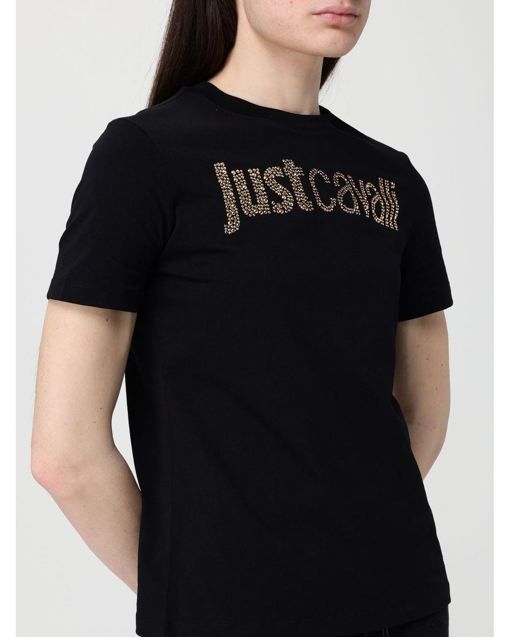 Just Cavalli Black Cotton T-Shirts With Rhinestone Logo