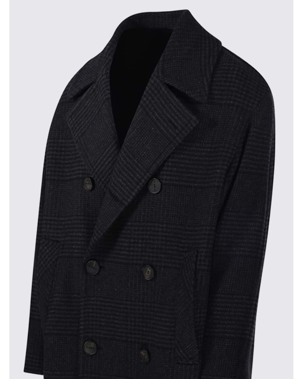 Hevò Blue Prince Of Wales Check Double-Breasted Wool Blend Coat for men