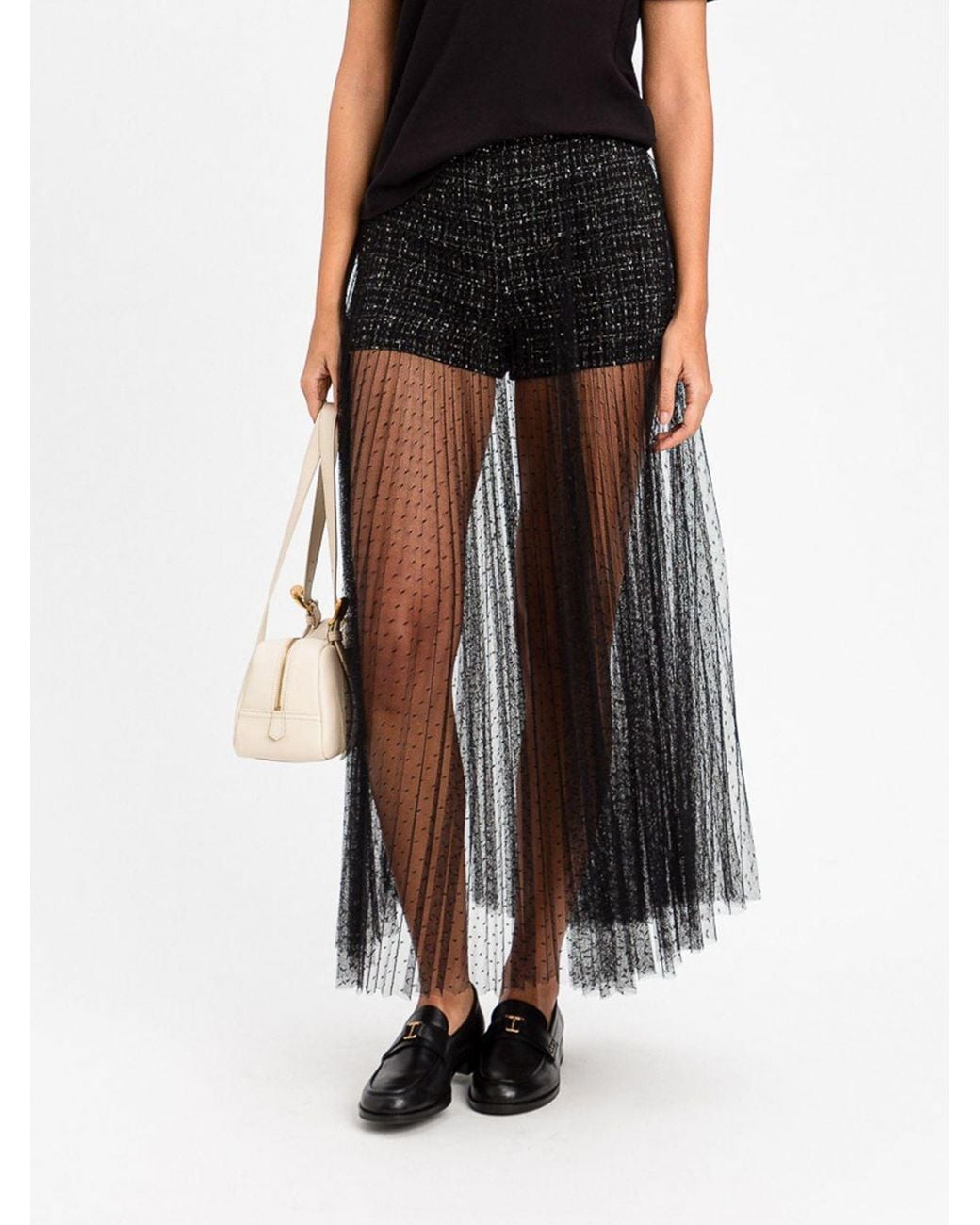 Twinset Black Full Tulle Midi Skirt With Integrated Culottes