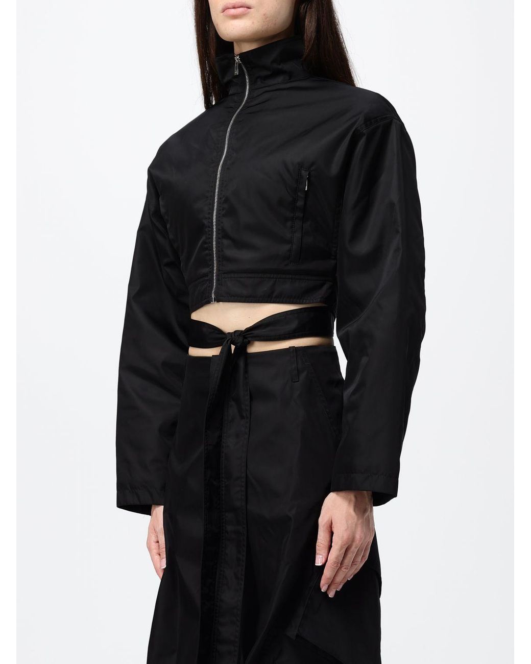 Alaïa Black Cropped Technical Taffeta Bomber Jacket With High Neck And Waist Belt
