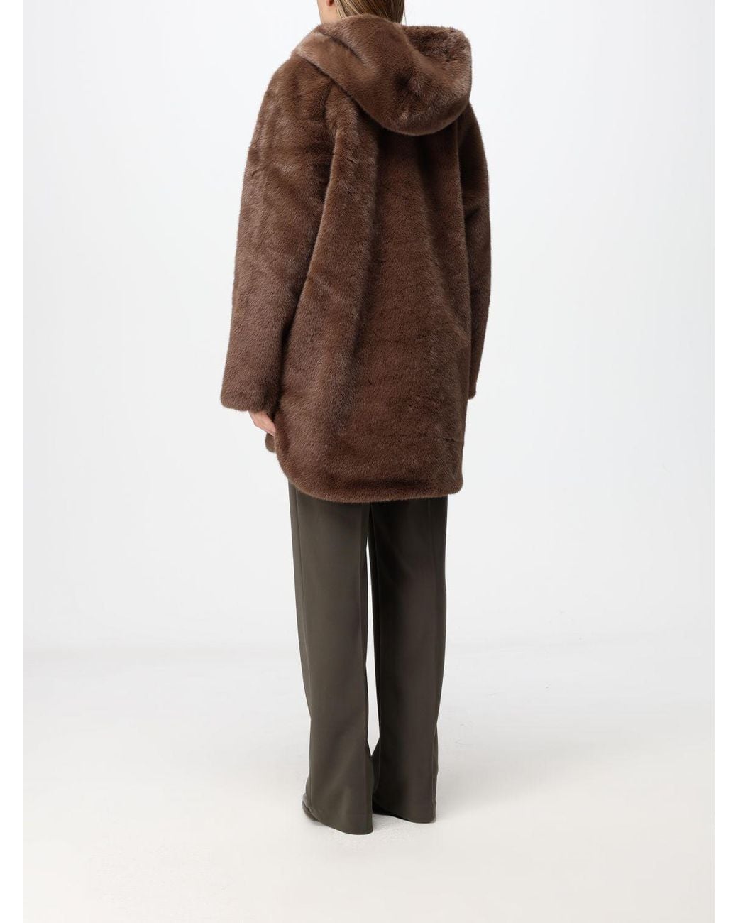 Joseph Ribkoff Brown Knee-Length Faux Fur Coat With Hood