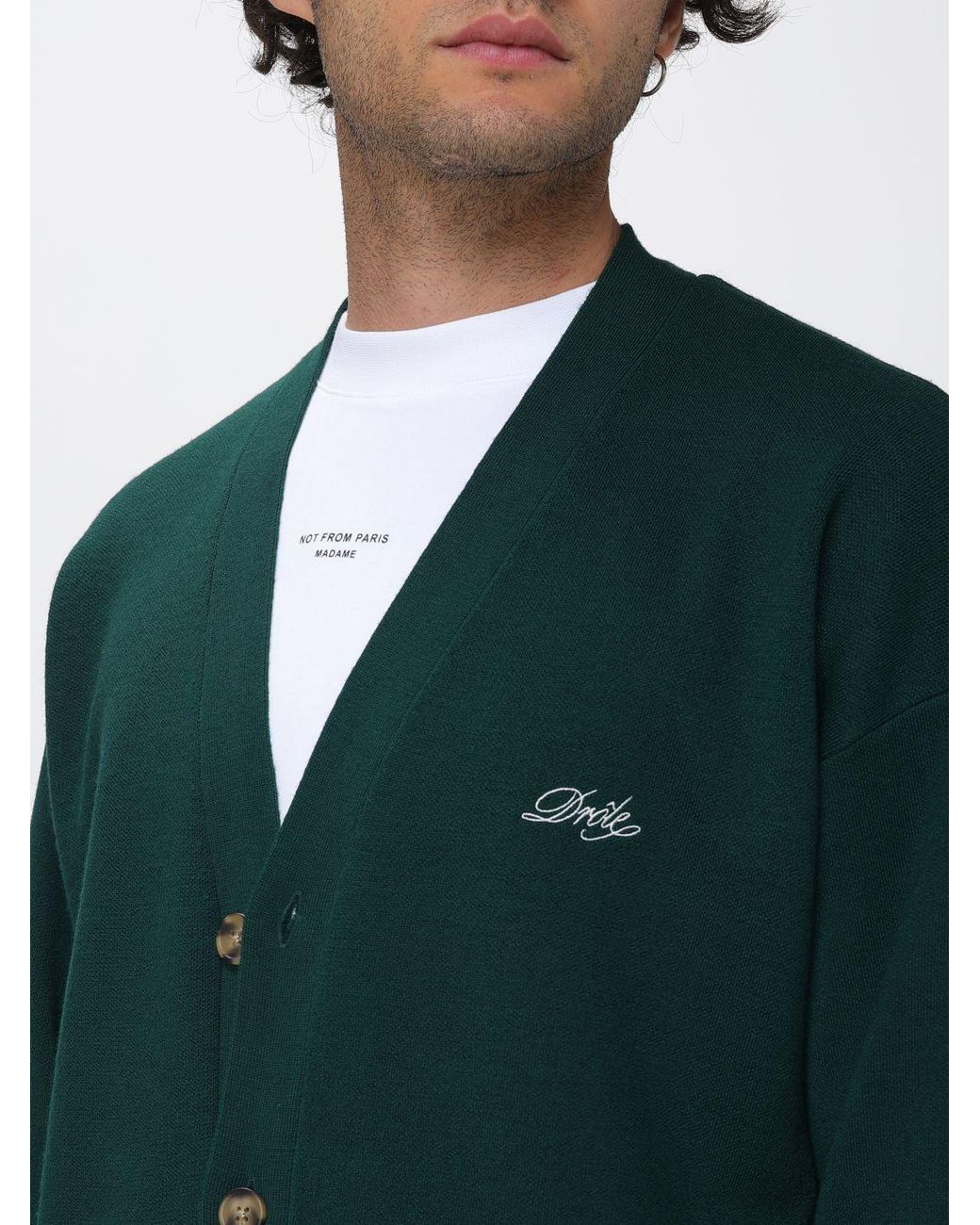 Drole de Monsieur Green V-Neck Wool Cardigan With Embroidered Logo for men