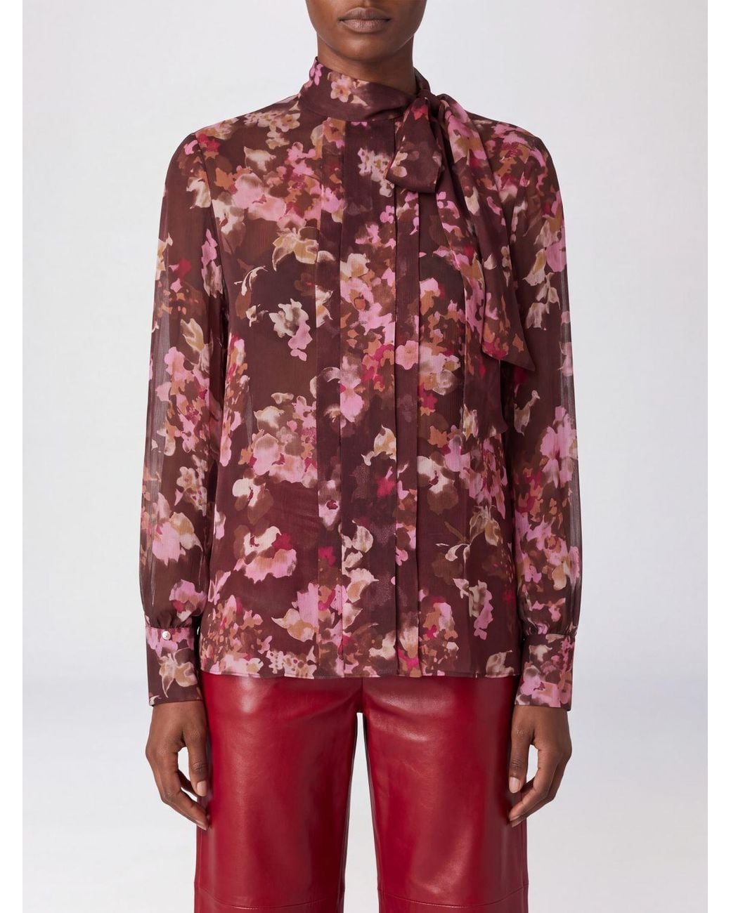 Nissa Red Floral Print Viscose Blouse With A Pussy-Bow Neck And Long Sleeves