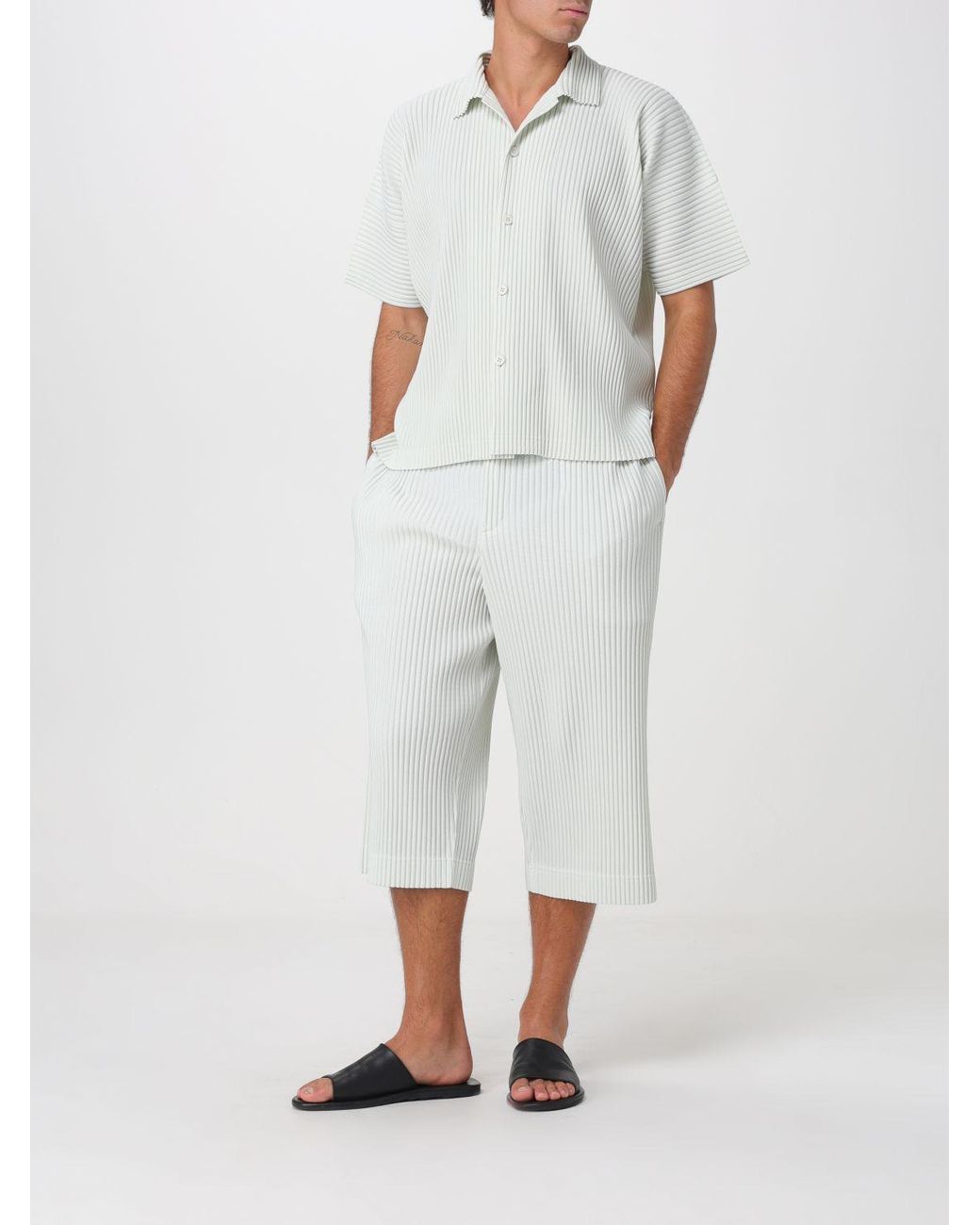 Homme Plissé Issey Miyake White Homme Plissé Issey Miyake Slim Cropped Trousers for men