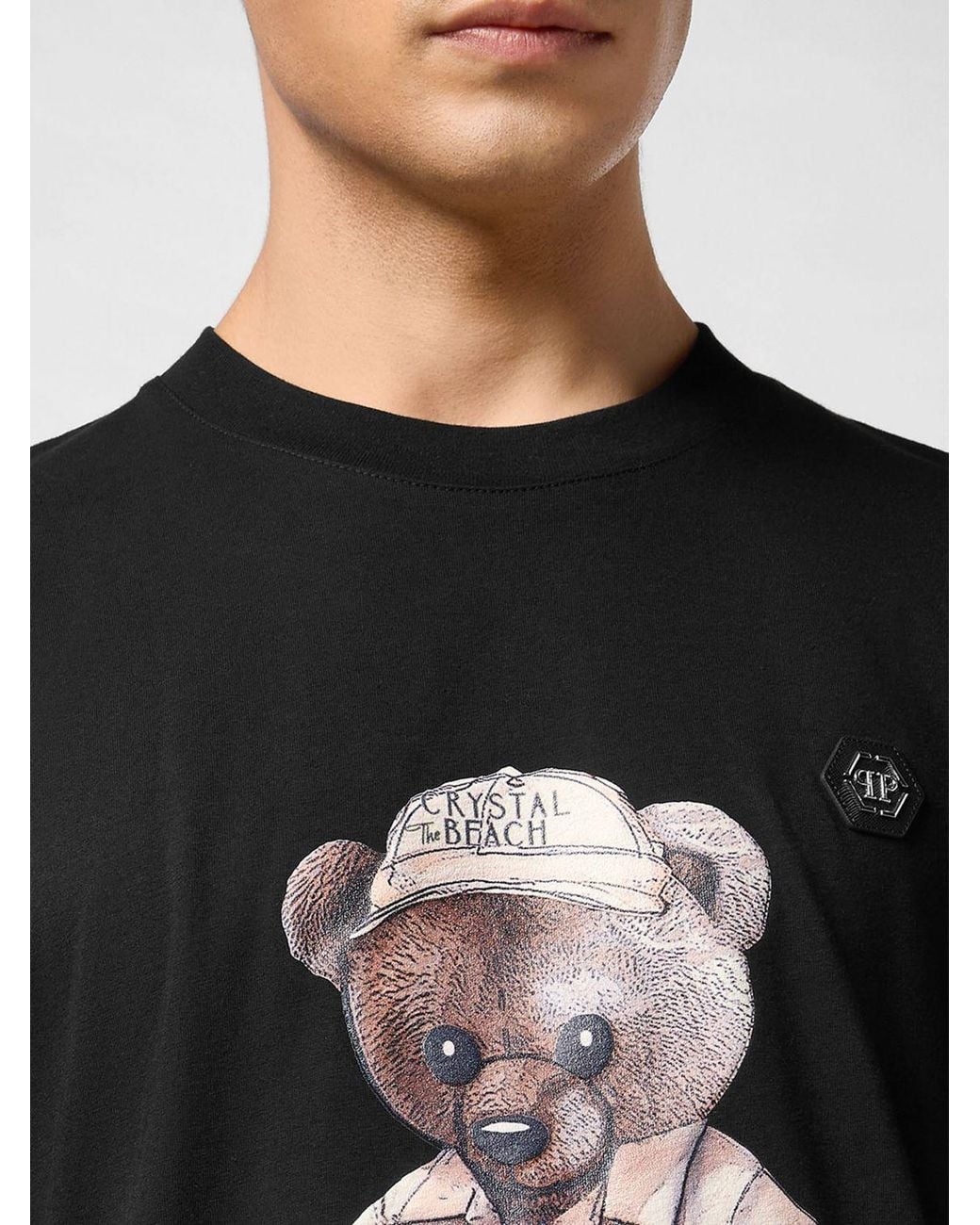 Philipp Plein Black Slim Fit Teddy Bear Print Cotton T-Shirt With Contrast Logo for men