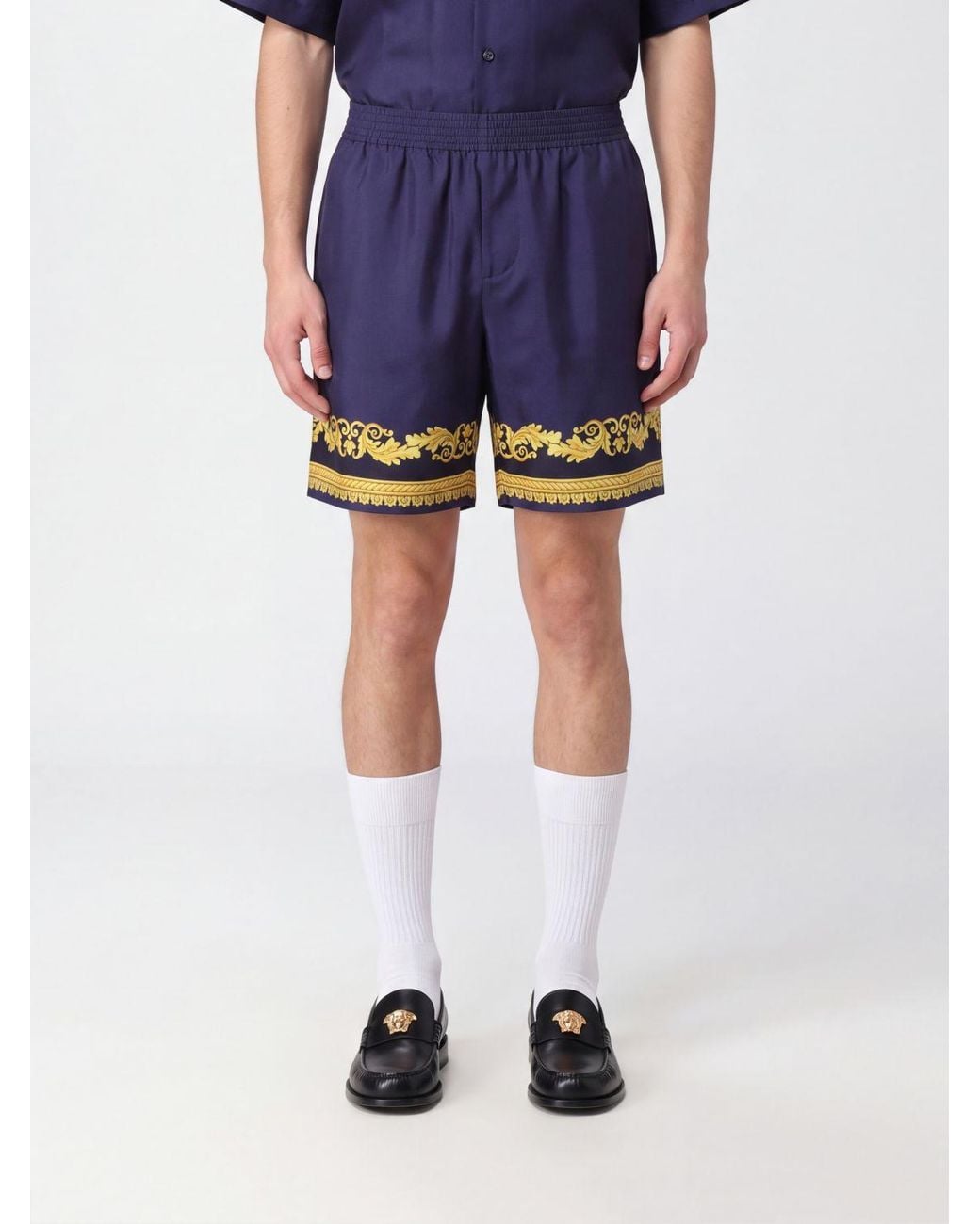 Versace Blue Baroque Print Silk Sport Shorts With Elasticated Waist for men