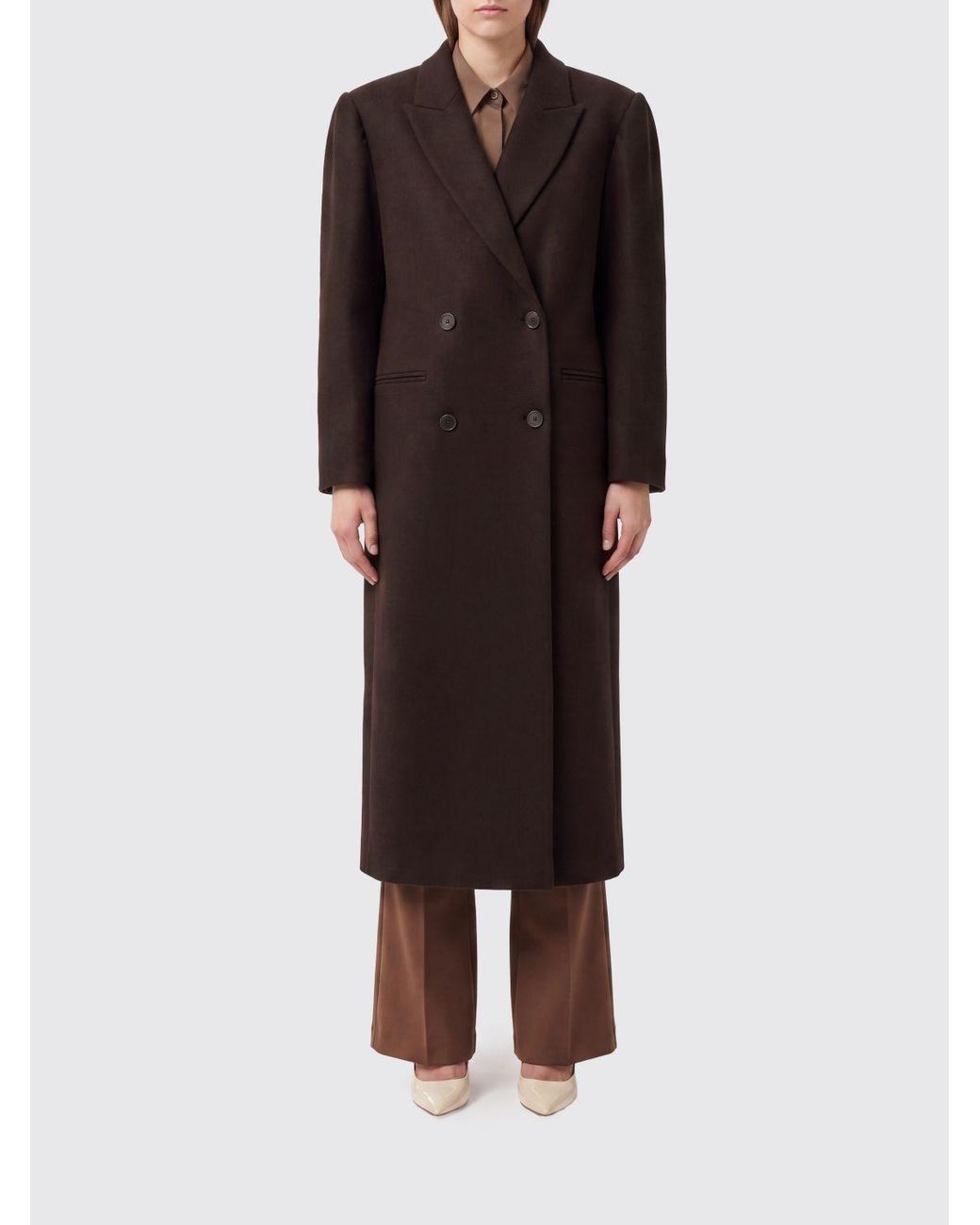 Twinset Brown Double-Breasted Long Wool-Blend Coat With Peak Lapels