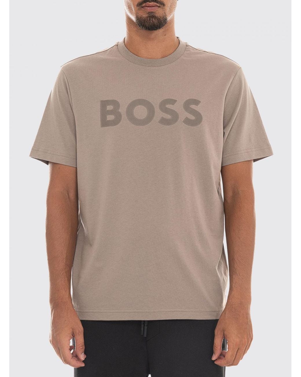 Boss Gray Crew-Neck Cotton T-Shirt With Tone-On-Tone Logo for men