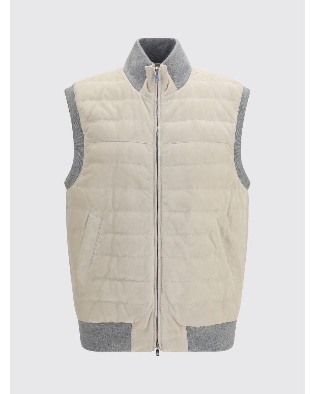 Brunello Cucinelli Natural Padded Suede Vest With High Neck And Zip for men
