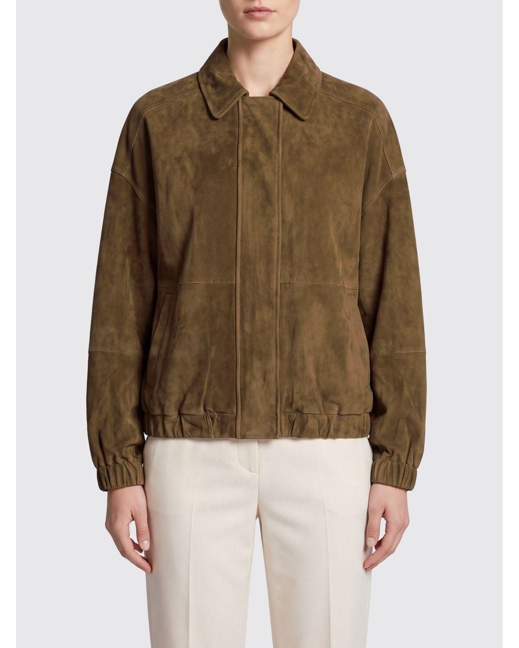 Brunello Cucinelli Brown Suede Bomber Jacket With Concealed Fastening