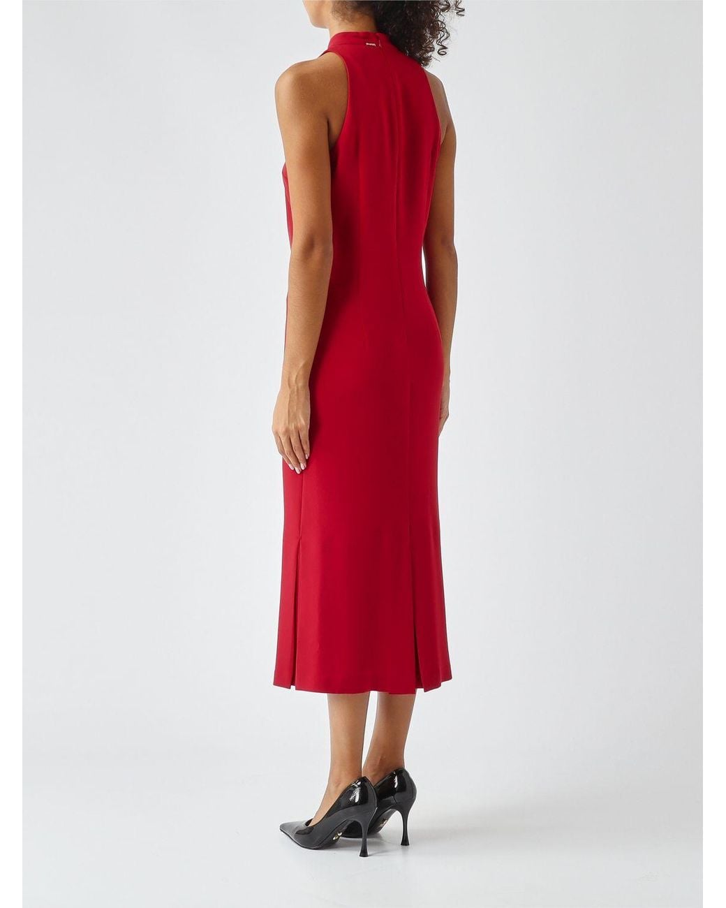 Twinset Red Crêpe Midi Sheath Dress With Halter Neck And Off-The-Shoulder Design