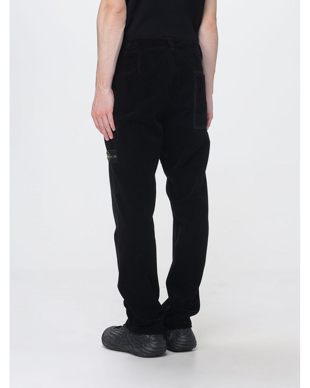 Stone Island Black Velvet Chino Trousers With Compass Logo Patch for men