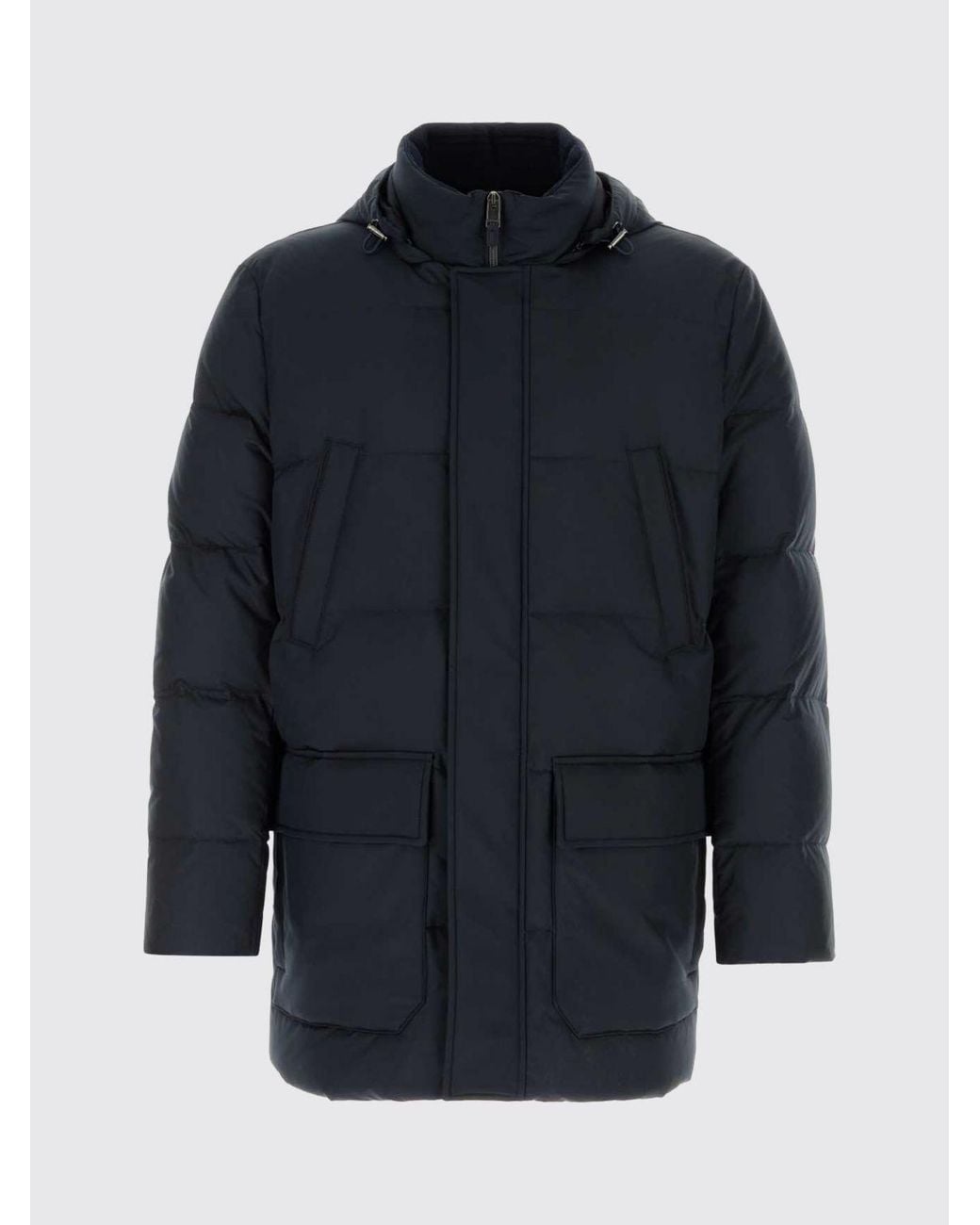 Canali Blue Quilted Long Polyester Puffer Jacket With Padded Hood for men