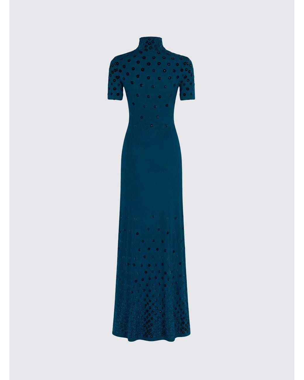 Rabanne Blue High-Neck Long Satin Evening Gown With Sequins