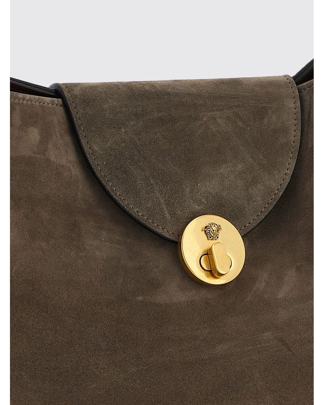 Versace Brown Medium Suede Shoulder Bag With Medusa Hardware And Double Handle