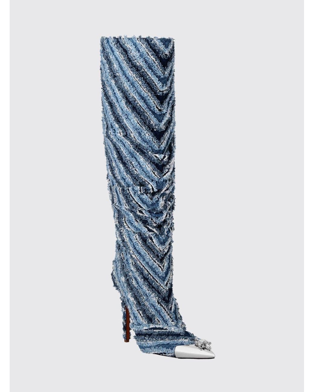 Philipp Plein Blue Bicolor Striped Denim Knee-High Boots With Crystals