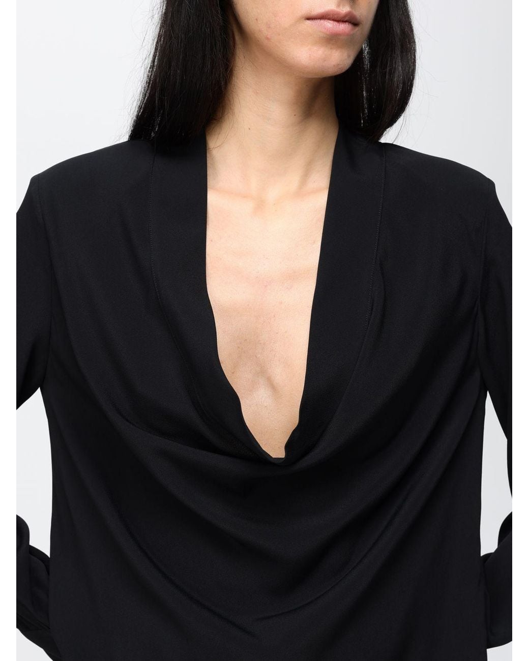 FEDERICA TOSI Black Draped-Neckline Long-Sleeved Silk Top