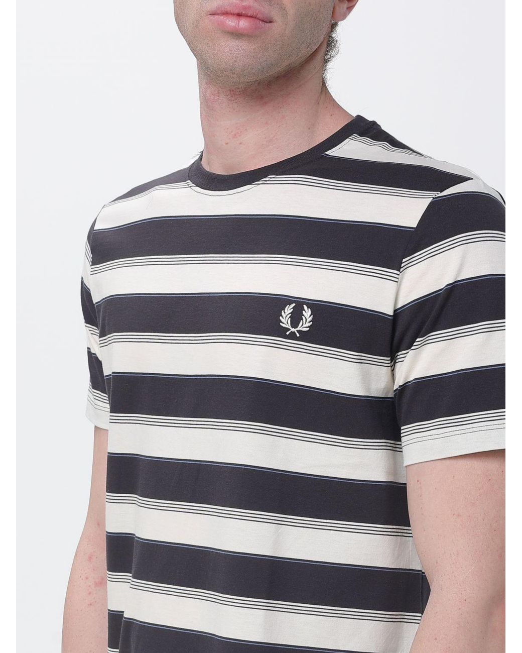 Fred Perry Blue Striped Cotton T-Shirt With Logo for men