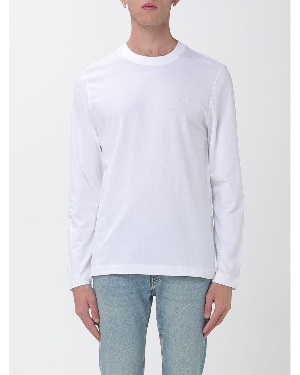 Boss White Long-Sleeved Cotton T-Shirt With Crew Neck for men