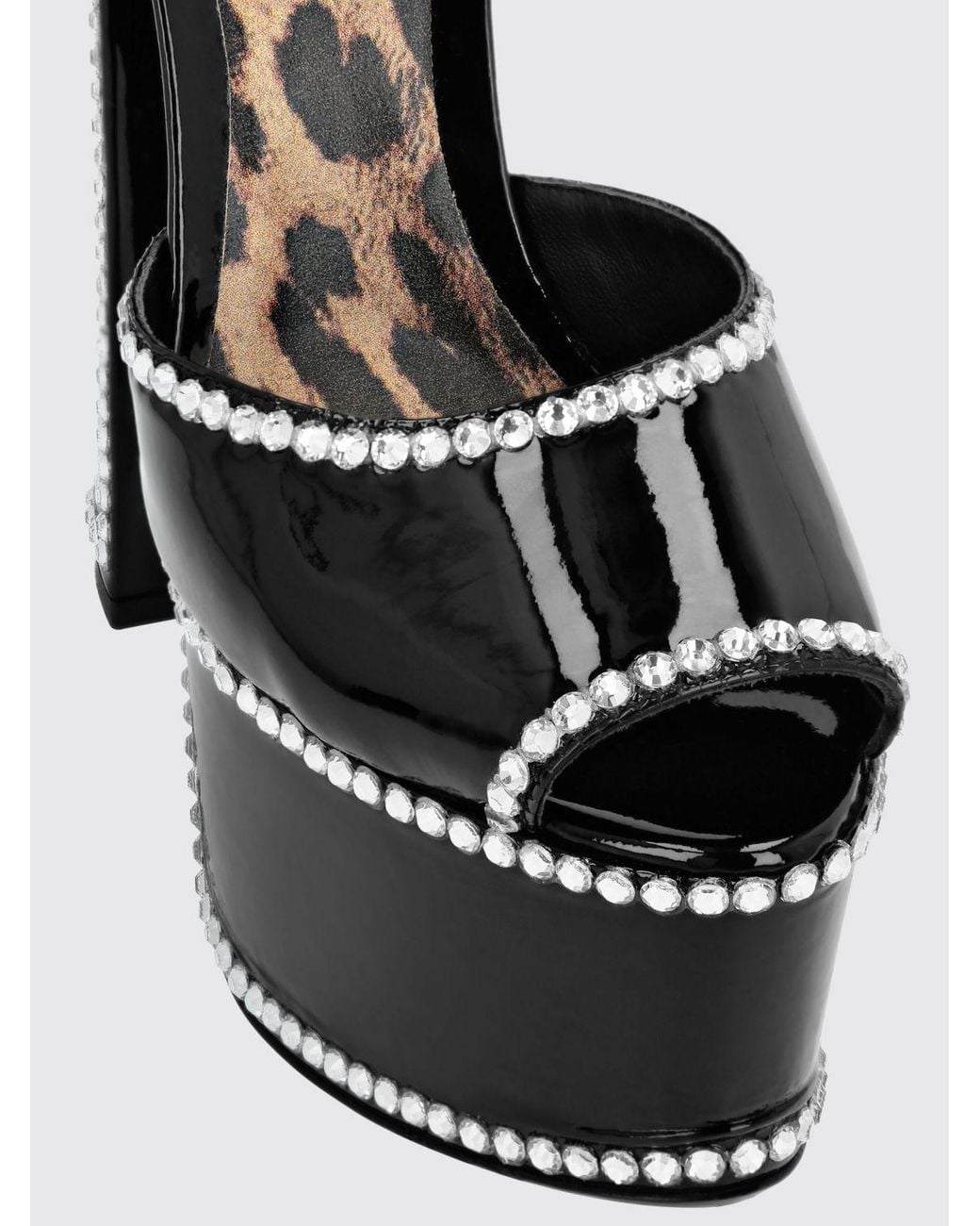 Philipp Plein Black Patent Leather Platform Sandals With High Heel And Rhinestones