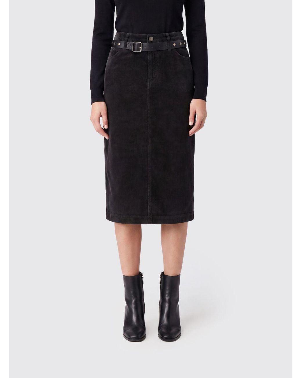 Pinko Black High-Waisted Corduroy Velvet Midi Pencil Skirt With Rear Slit