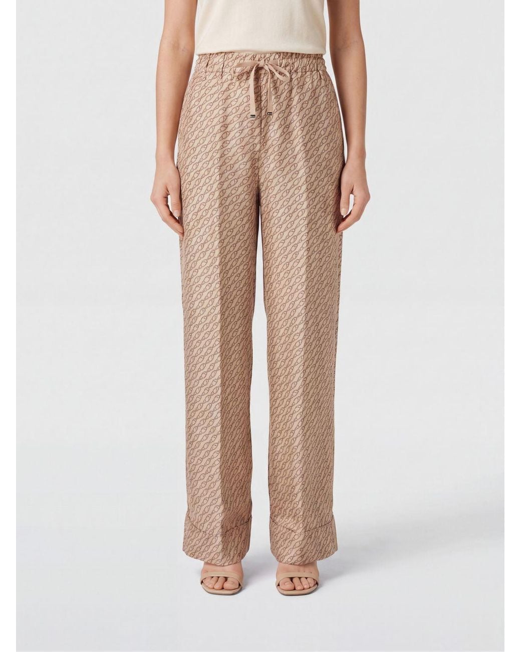 Herno Natural High-Waisted Graphic Print Silk Palazzo Trousers
