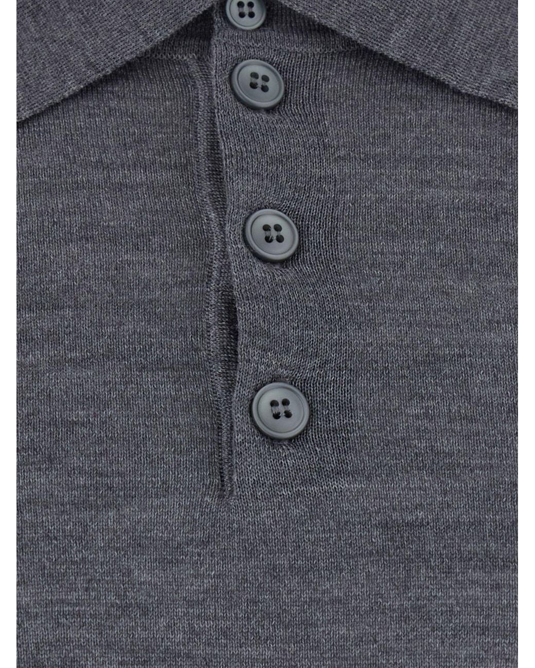 Emporio Armani Gray Long-Sleeved Virgin Wool Knit Polo Shirt With Three-Button Placket for men