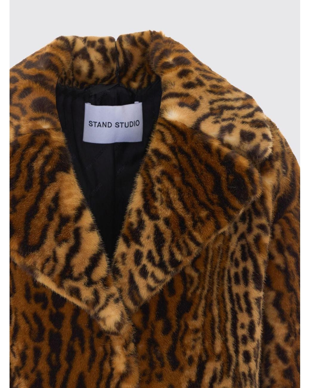 Stand Studio Brown Single-Breasted Animal Print Faux Fur Knee-Length Coat