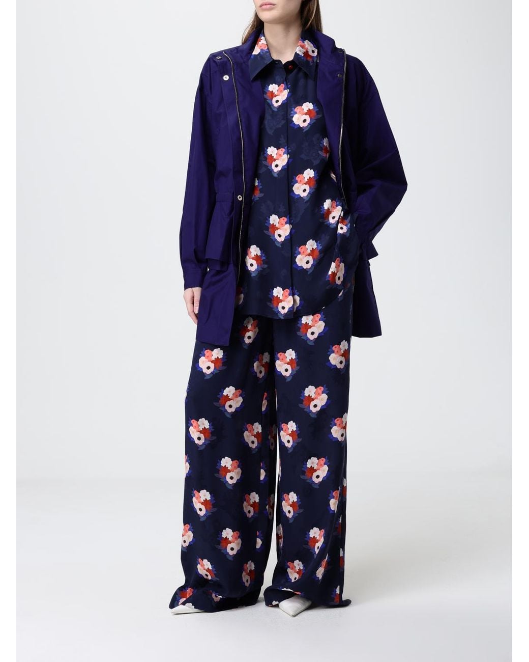 Fendi Blue Silk Palazzo Trousers With Floral Print