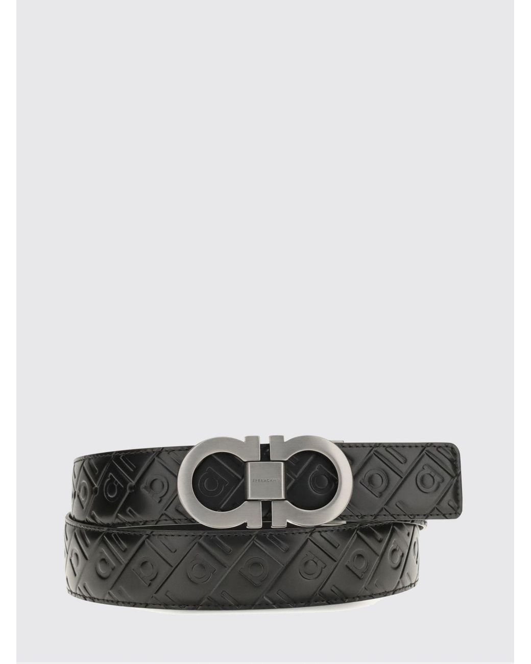 Ferragamo White Gancini Monogram Pattern Leather Belt With Metal Buckle for men