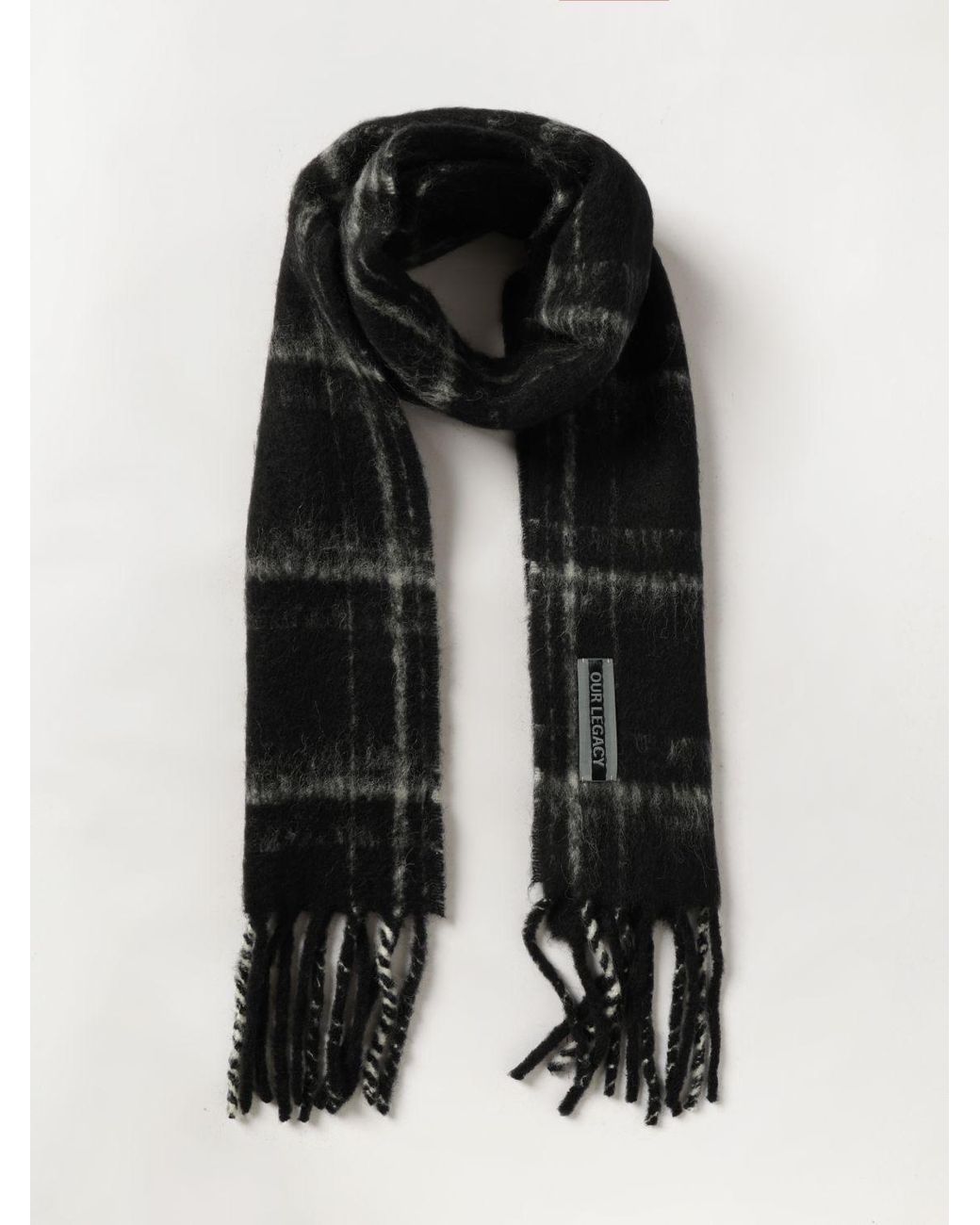 Our Legacy Black Estate Check Fringed Scarf for men