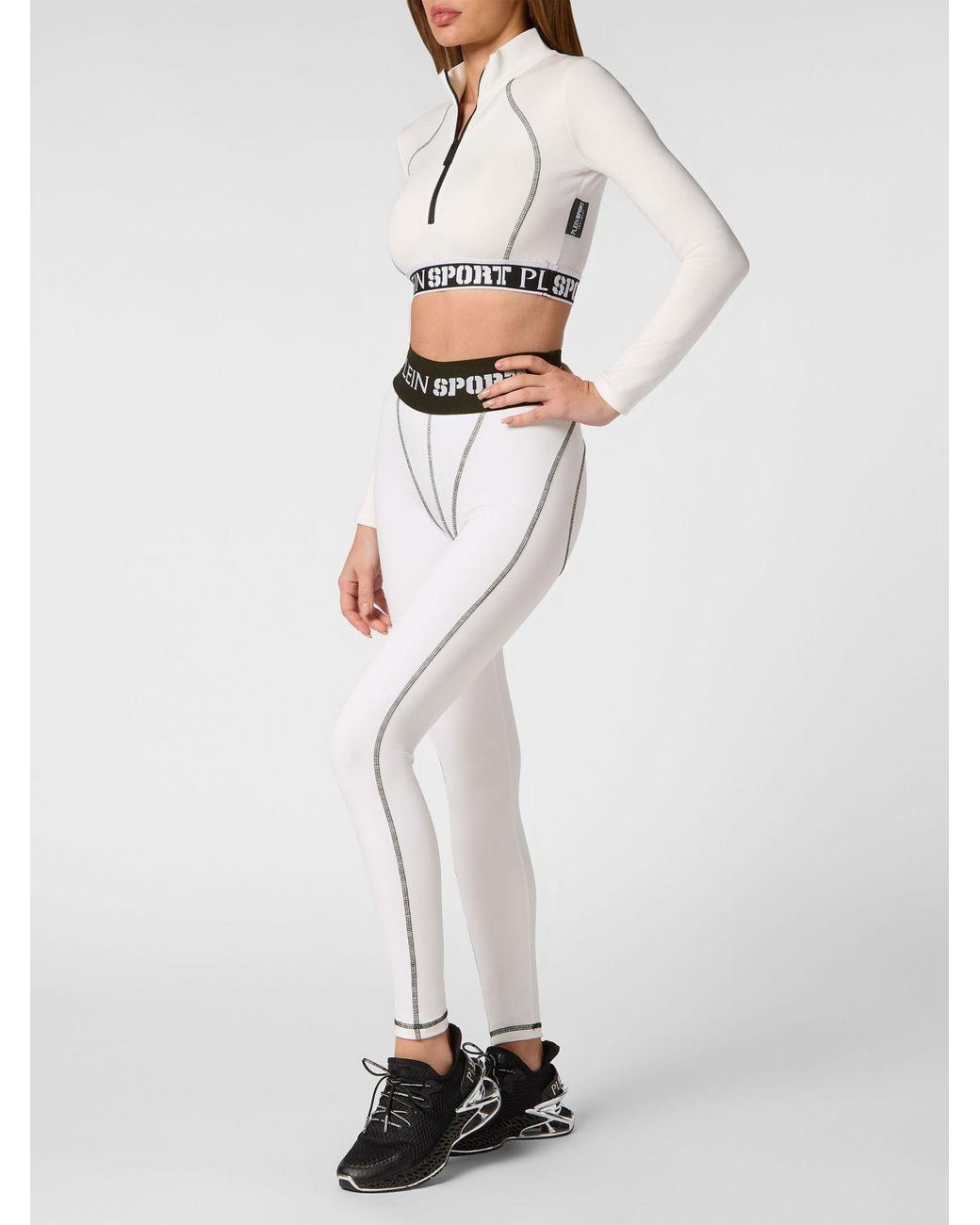 Philipp Plein White Long-Sleeved Cropped Top With High Neck And Zip
