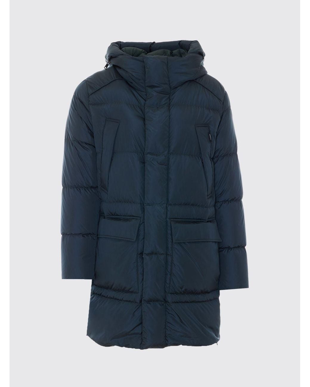 Add Blue Water-Repellent Nylon Long Down Jacket With Ped Hood for men
