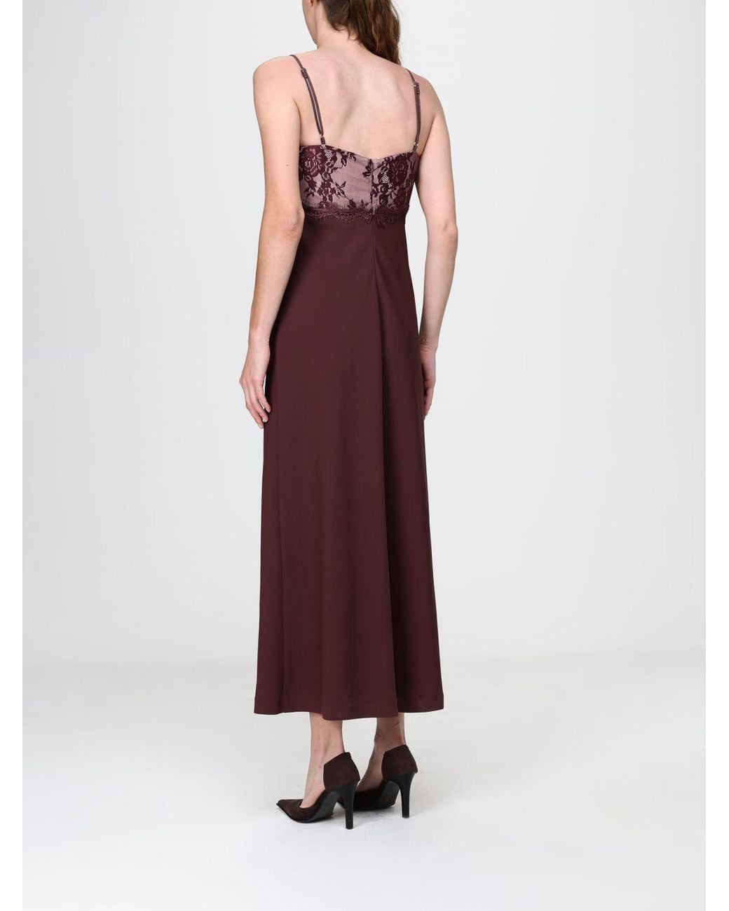 Hanita Purple Crêpe Sheath Midi Dress With Lace Inserts And V-Neck