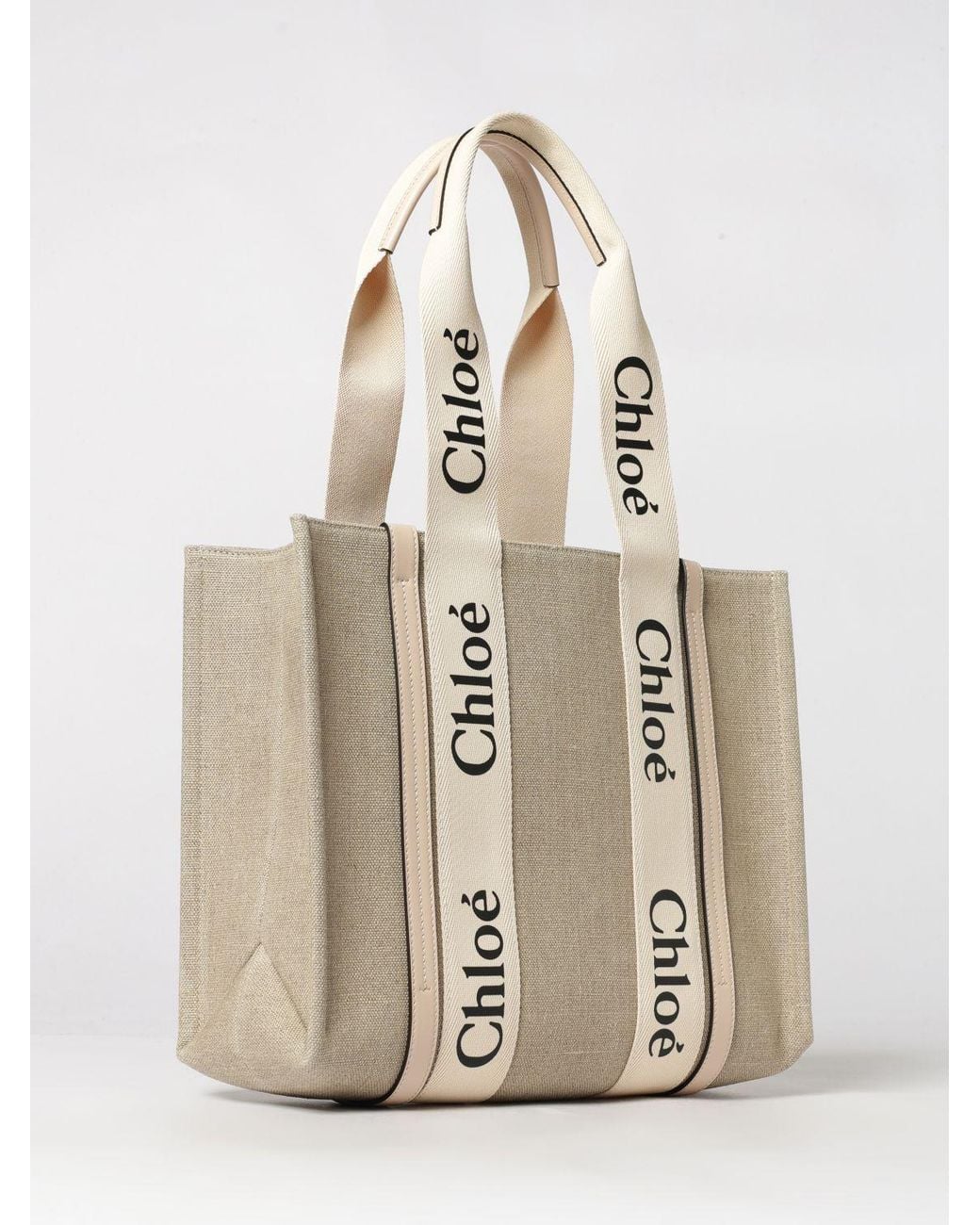 Chloé Natural ChloÉ Woody Linen Tote Bag With Printed Logo And Double Handle