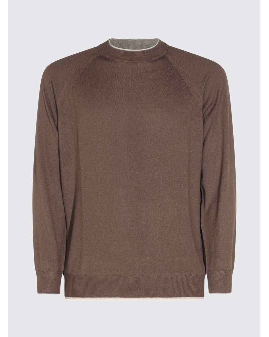 Eleventy Brown Pure Wool Long-Sleeved Crewneck Sweater With Ribbed Trim for men